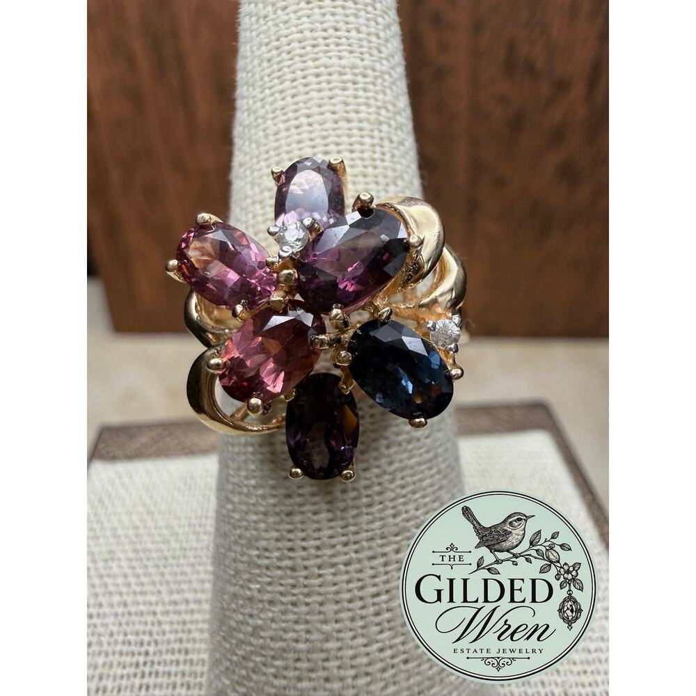 Vintage 14K Gold Multicolor Spinel Sapphire Cocktail Ring Mid Century Sz 6.75 - Picture 2 of 16